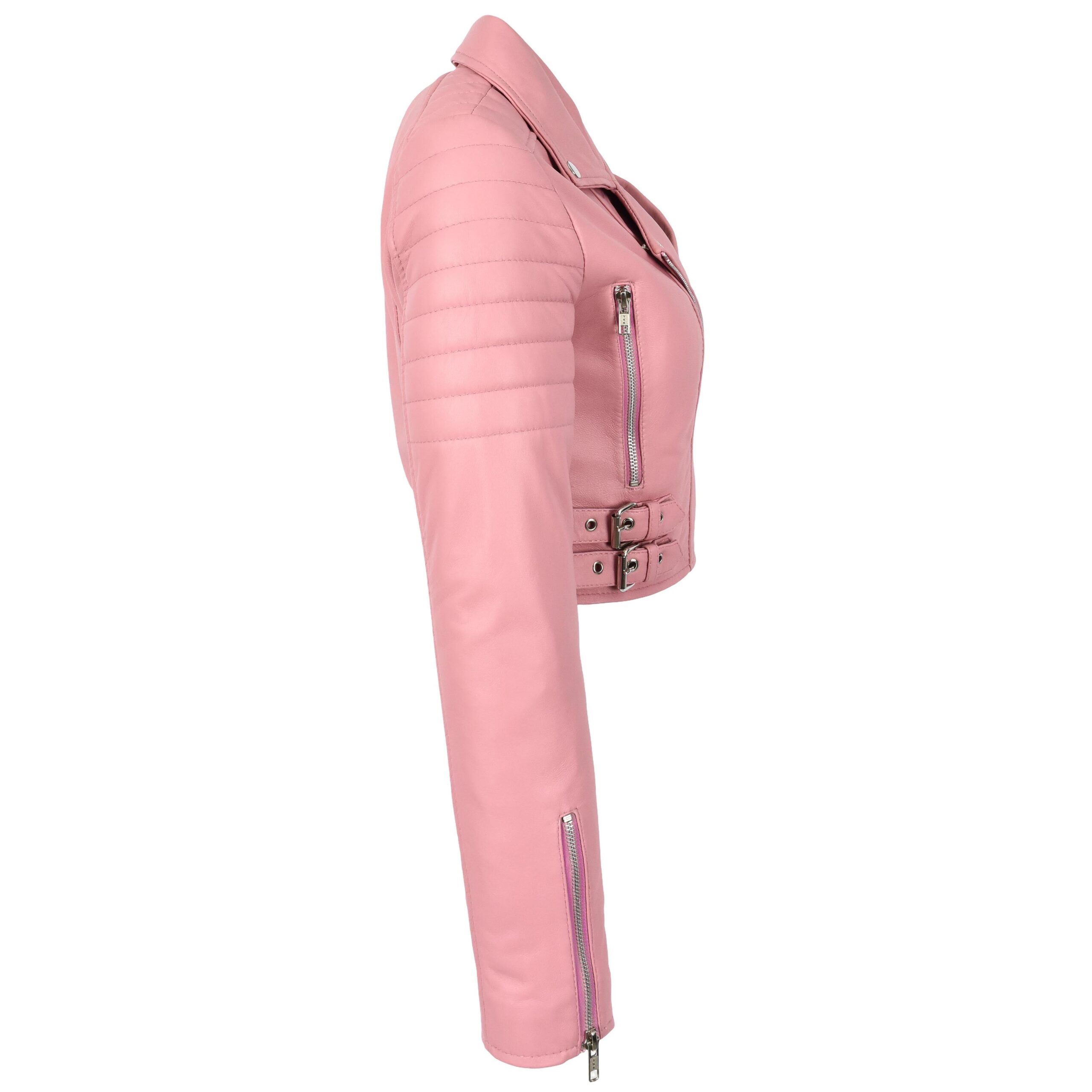 BUNERI Blouson Biker Court en Cuir Rose Bébé pour Femme – Image 6