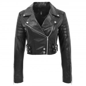BUNERI Biker Cuir Demi Noire Courte Femme