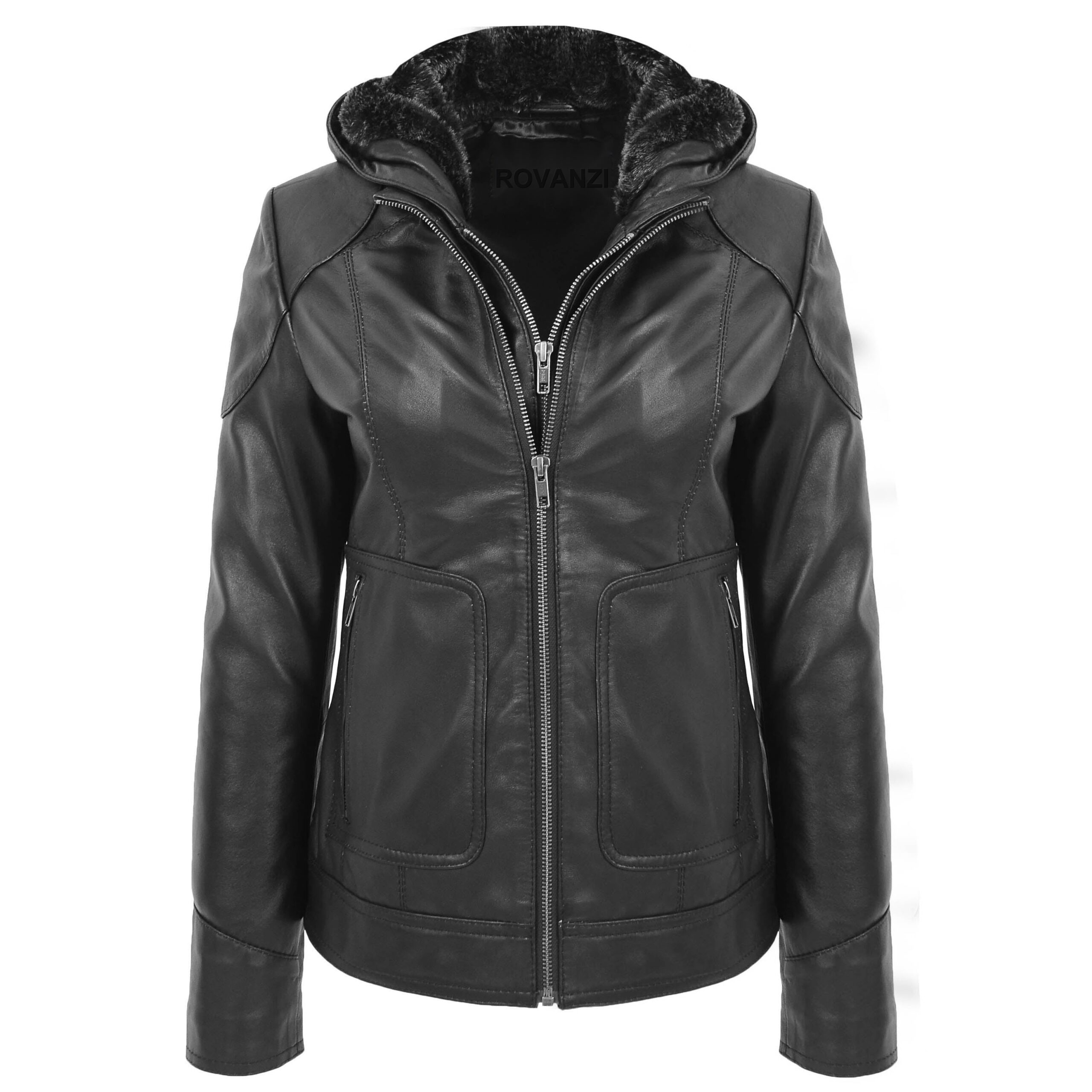 BUNERI Manteau en Cuir pour Femme avec Capuche Amovible Noir