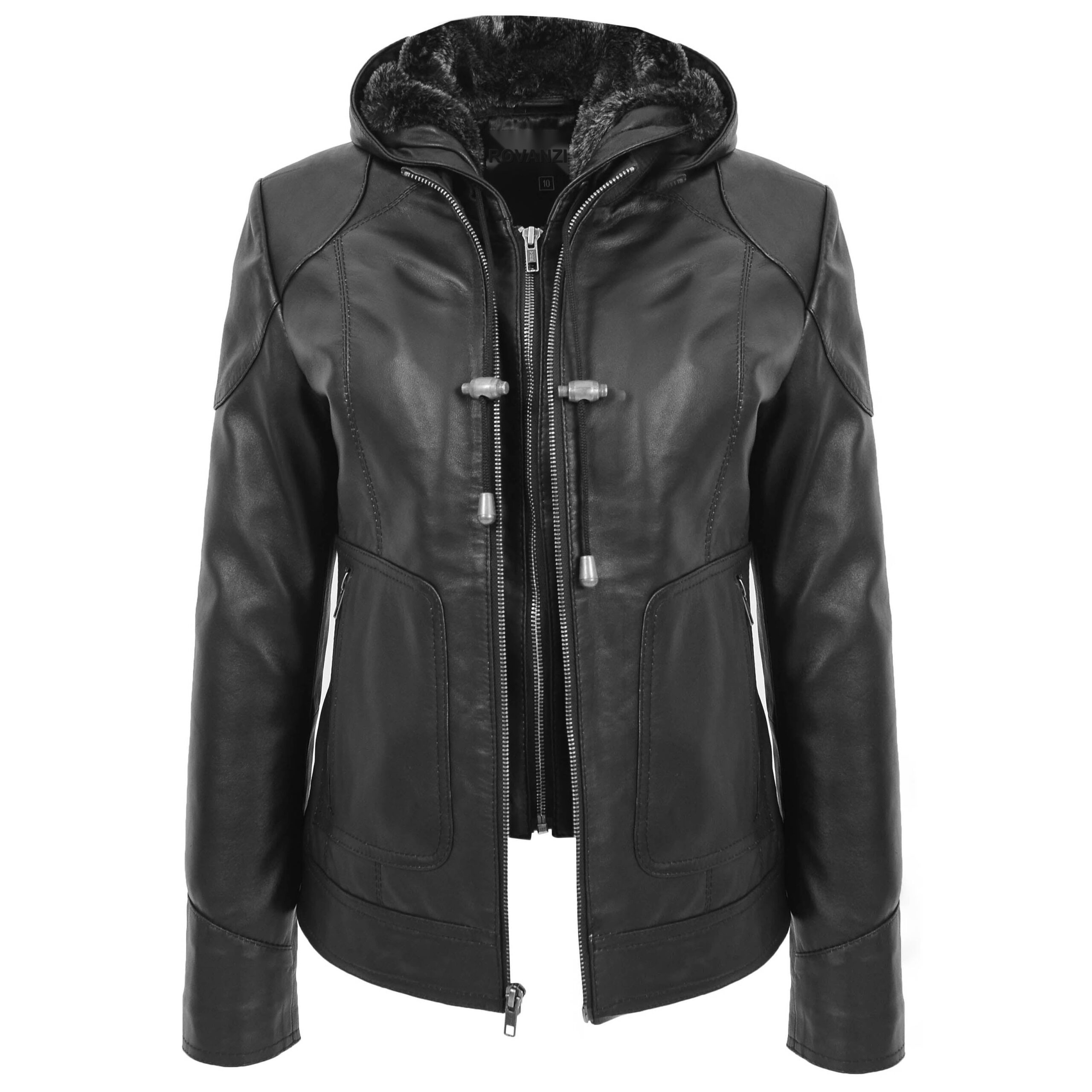 BUNERI Manteau en Cuir pour Femme avec Capuche Amovible Noir – Image 3
