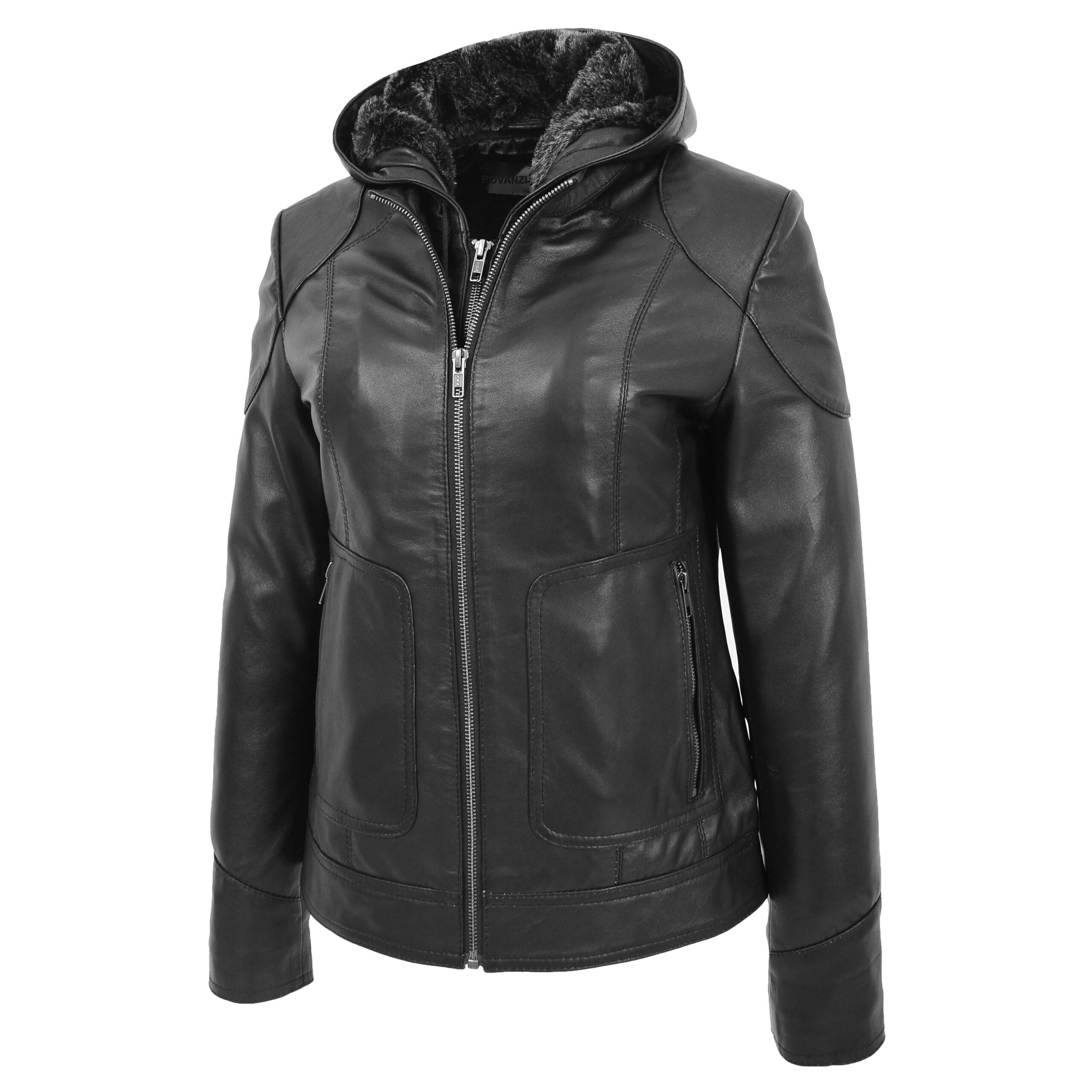 BUNERI Manteau en Cuir pour Femme avec Capuche Amovible Noir – Image 5