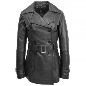BUNERI Manteau Trench en Cuir Noir pour Femme Croisé