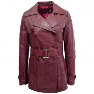 BUNERI Manteau Trench en Cuir Bourgogne Croisé pour Femme