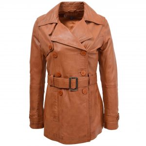 BUNERI Manteau Trench en Cuir Tan pour Femme Croisé