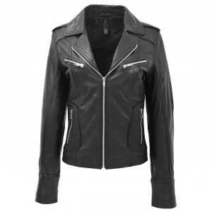 BUNERI Veste Femme Cuir Ajuste Style Biker Noire