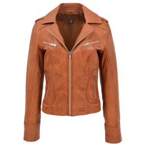 BUNERI Veste Femme Cuir Ajuste Style Biker Beige Clair