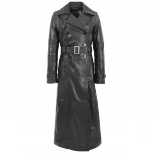 BUNERI Manteau Trench Long en Cuir Noir pour Femme