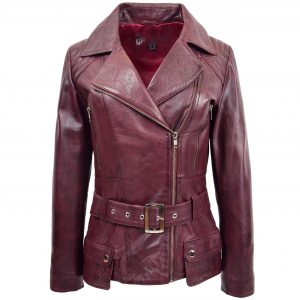 BUNERI Veste Biker en Cuir Mi-Hanches pour Femme Bordeaux