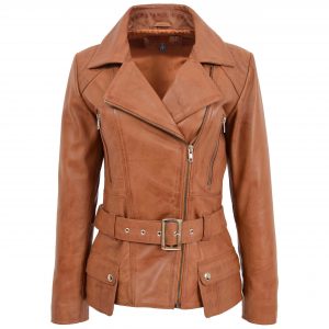 BUNERI Veste Femme Cuir Biker Longueur Hanche Tan