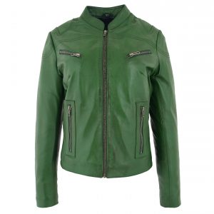 BUNERI Blouson Biker en Cuir Vert pour Femme Col Montant