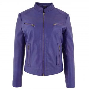 BUNERI Veste en Cuir Violette pour Femme à Col Montant