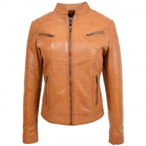 BUNERI Veste en Cuir Col Montant pour Femme Tan