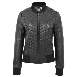 BUNERI Bomber Matelassée Sally en Cuir Noir Varsity