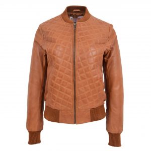 BUNERI Veste Femme Cuir Bomber Varsity Matelassee Marron Clair