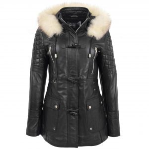BUNERI Manteau en Cuir Style Duffle Original pour Femme Noir