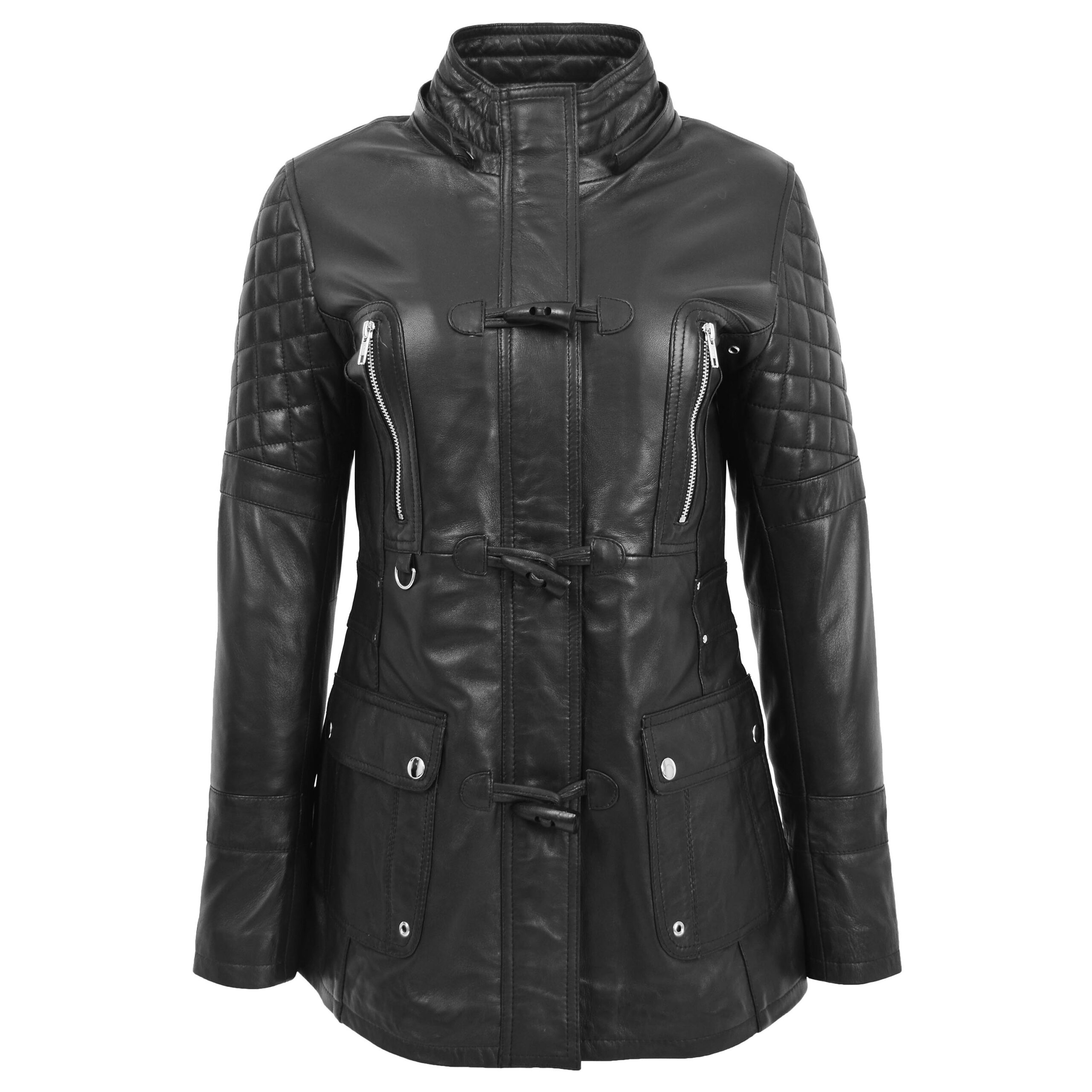 BUNERI Manteau en Cuir Style Duffle Original pour Femme Noir – Image 3