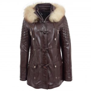 BUNERI Manteau Style Duffle en Cuir Marron pour Femme