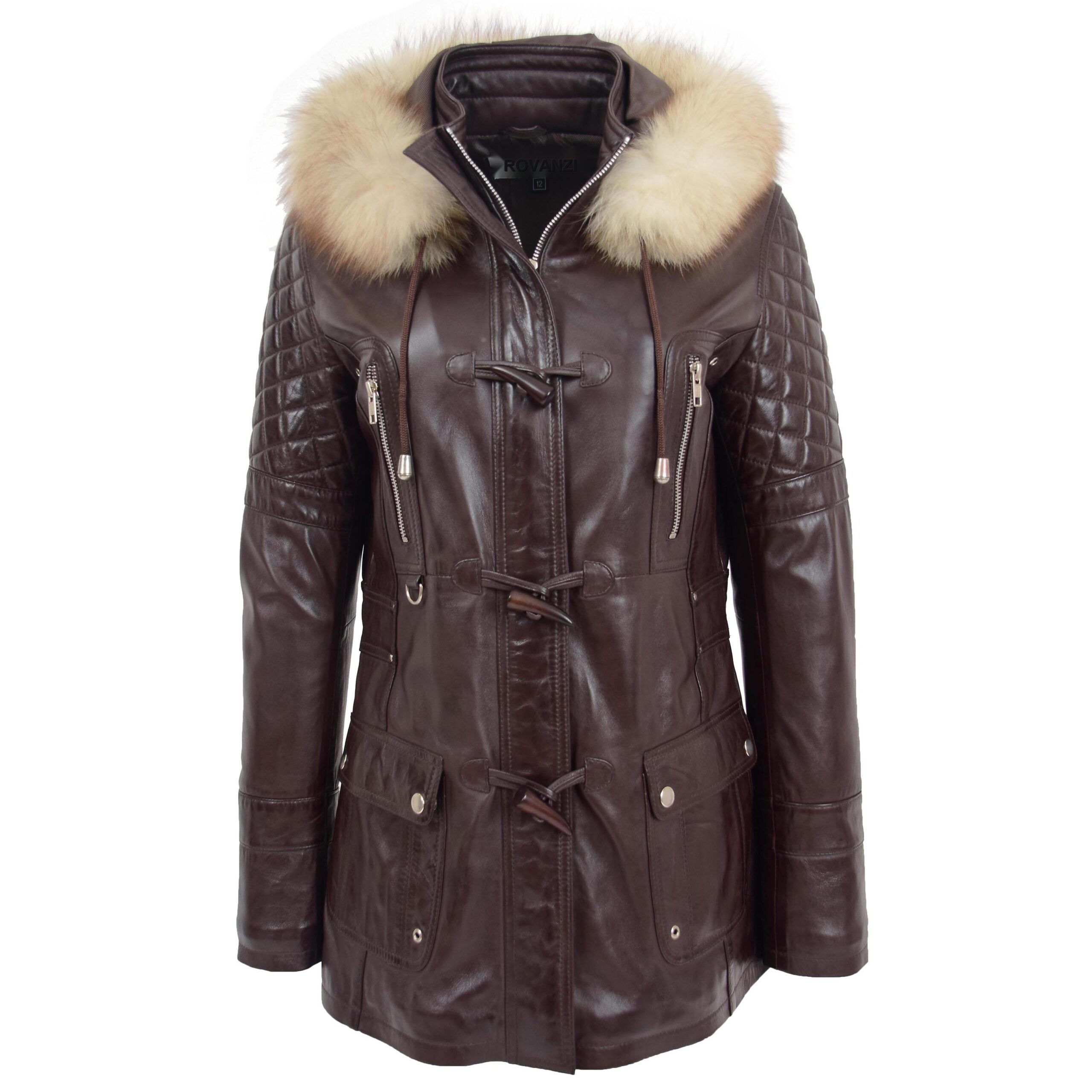 BUNERI Manteau Style Duffle en Cuir Marron pour Femme