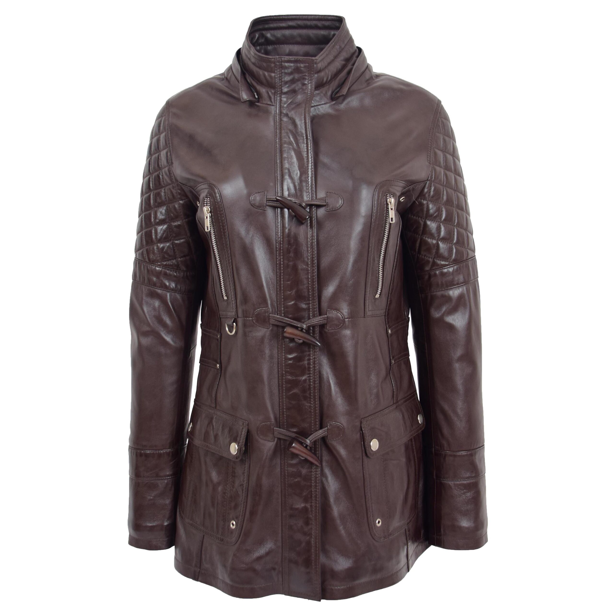 BUNERI Manteau Style Duffle en Cuir Marron pour Femme – Image 3