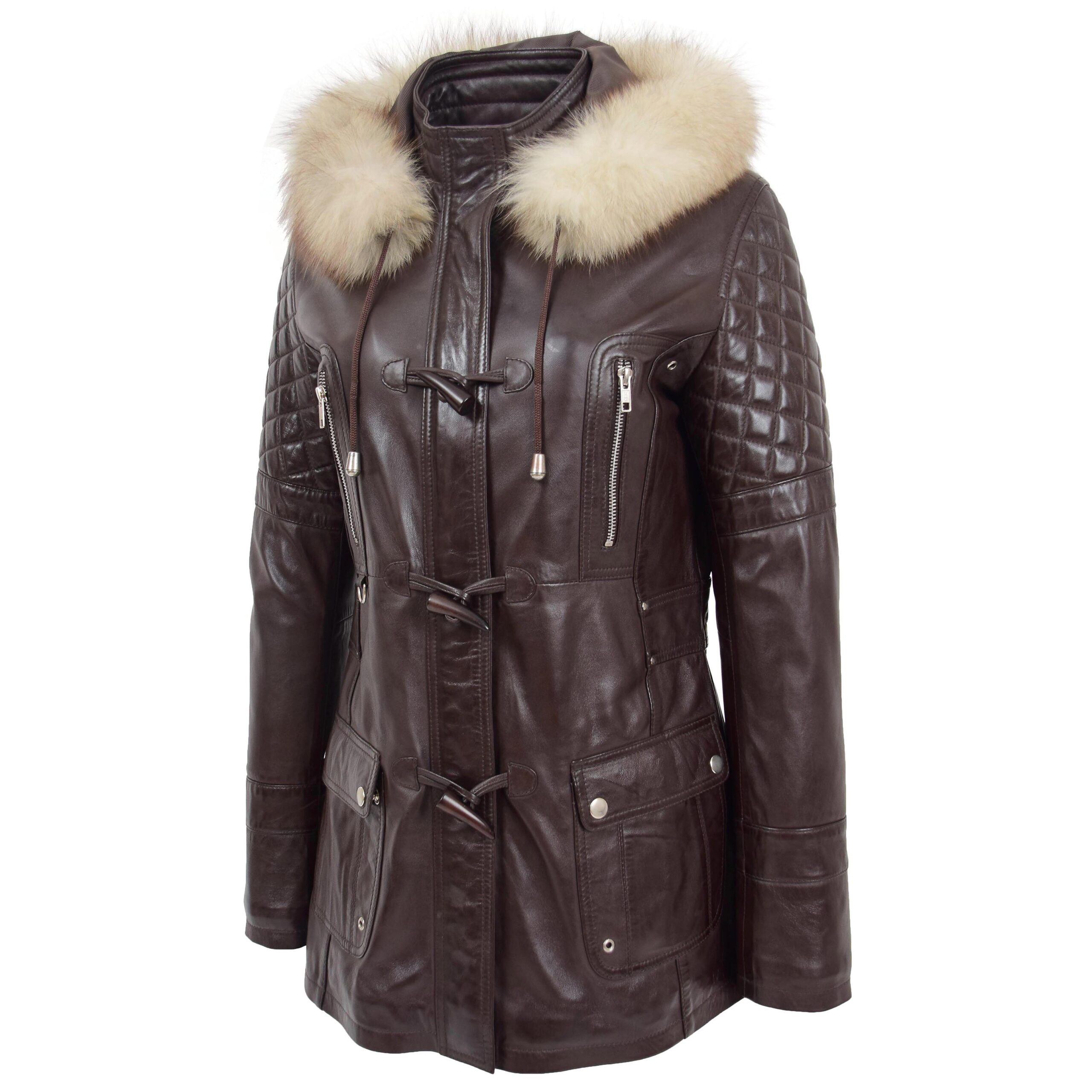 BUNERI Manteau Style Duffle en Cuir Marron pour Femme – Image 4