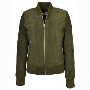 BUNERI Blouson Bomber MA-1 en Suède de Chèvre Vert Kaki pour Femme