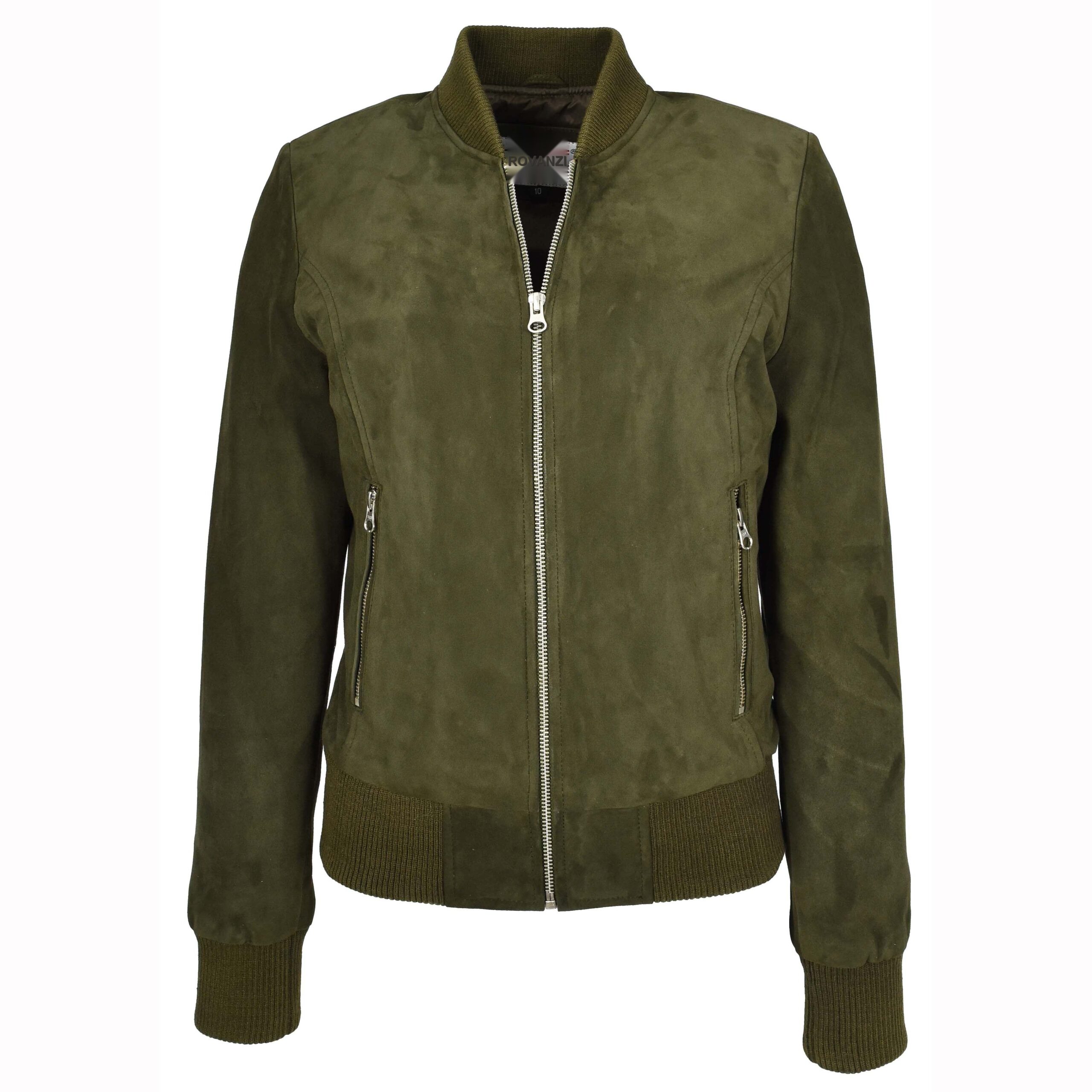 BUNERI Blouson Bomber MA-1 en Suède de Chèvre Vert Kaki pour Femme