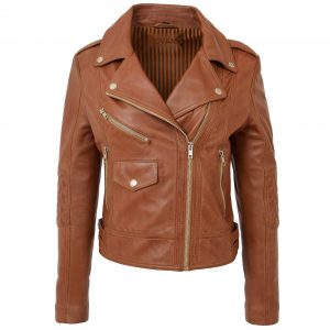 BUNERI Blouson Biker en Cuir Tan pour Femme Zip Croisé