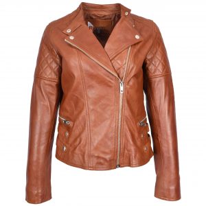 BUNERI Veste Femme Vrai Cuir Biker Style Cross-Zip Classique Chataigne