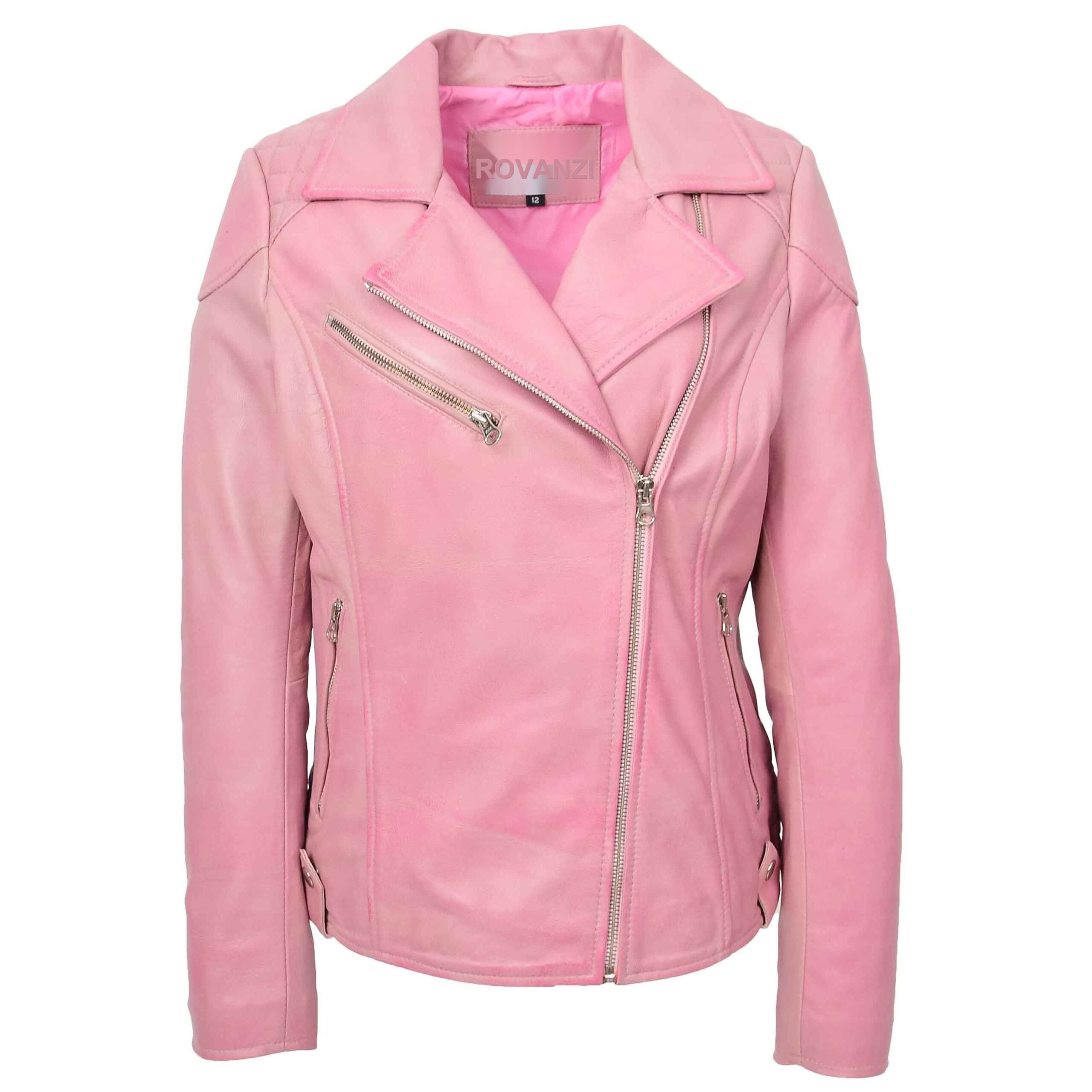 BUNERI Cerise Veste Biker Femme Cuir Veritable Zip Croise Poches