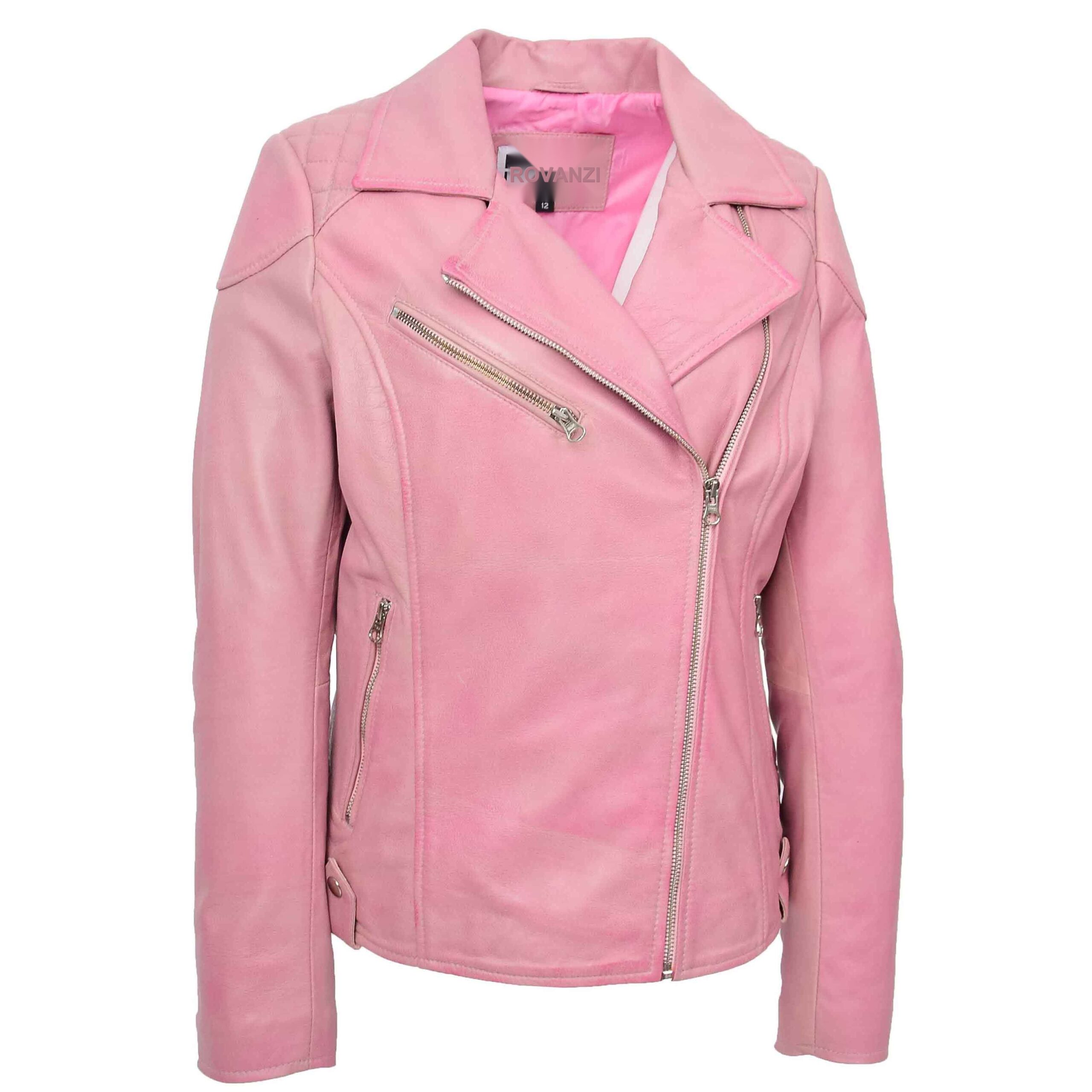 BUNERI Cerise Veste Biker Femme Cuir Veritable Zip Croise Poches – Image 3