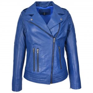BUNERI Veste Biker en Cuir Véritable pour Femme Style Cross Zip Bleue
