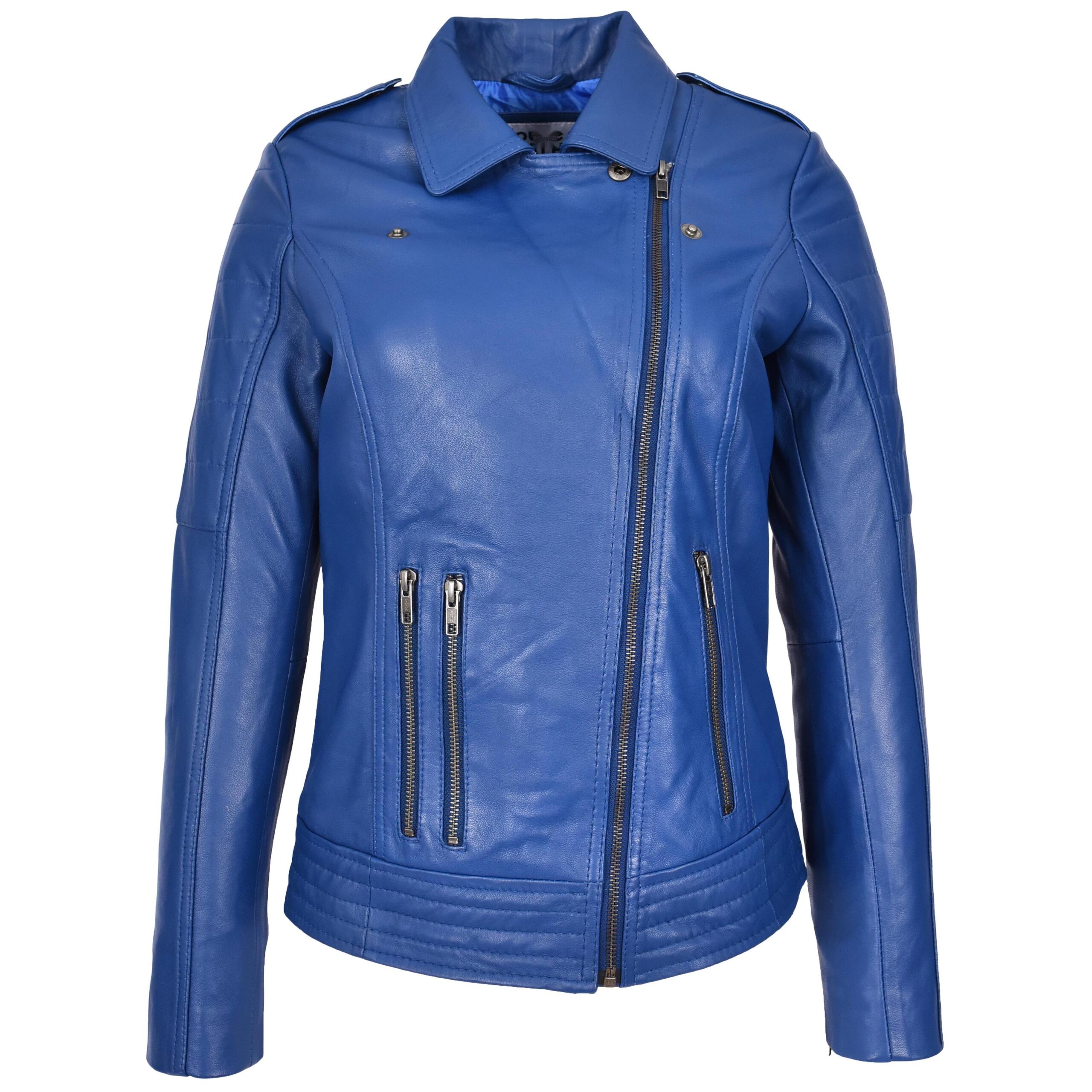 BUNERI Veste Biker en Cuir Véritable pour Femme Style Cross Zip Bleue – Image 3