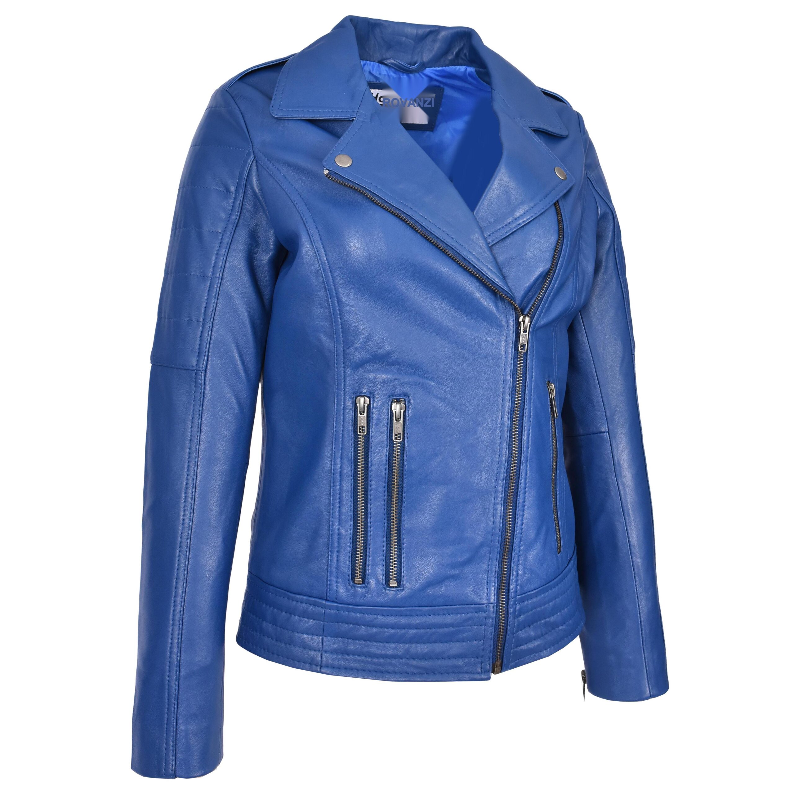 BUNERI Veste Biker en Cuir Véritable pour Femme Style Cross Zip Bleue – Image 4