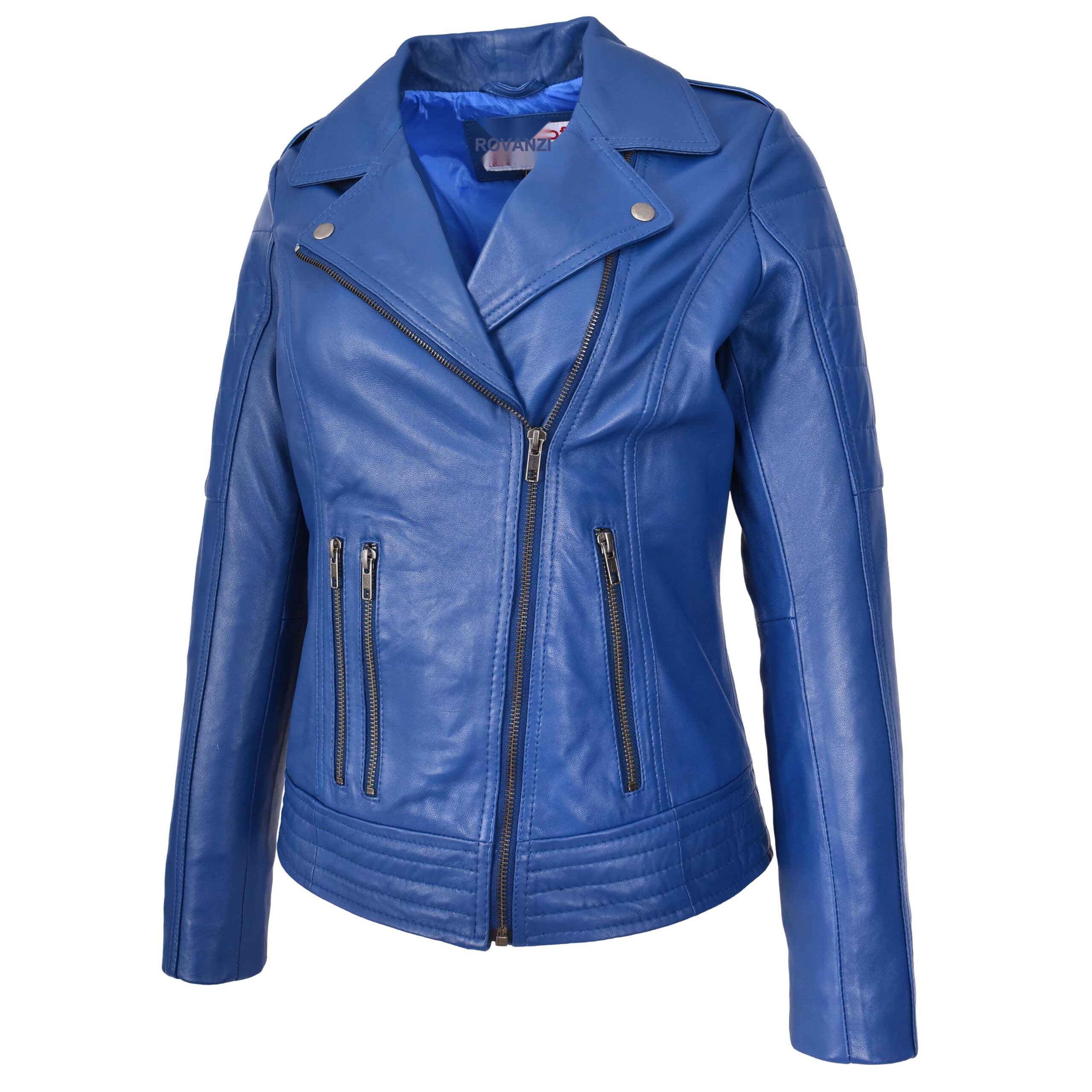 BUNERI Veste Biker en Cuir Véritable pour Femme Style Cross Zip Bleue – Image 5