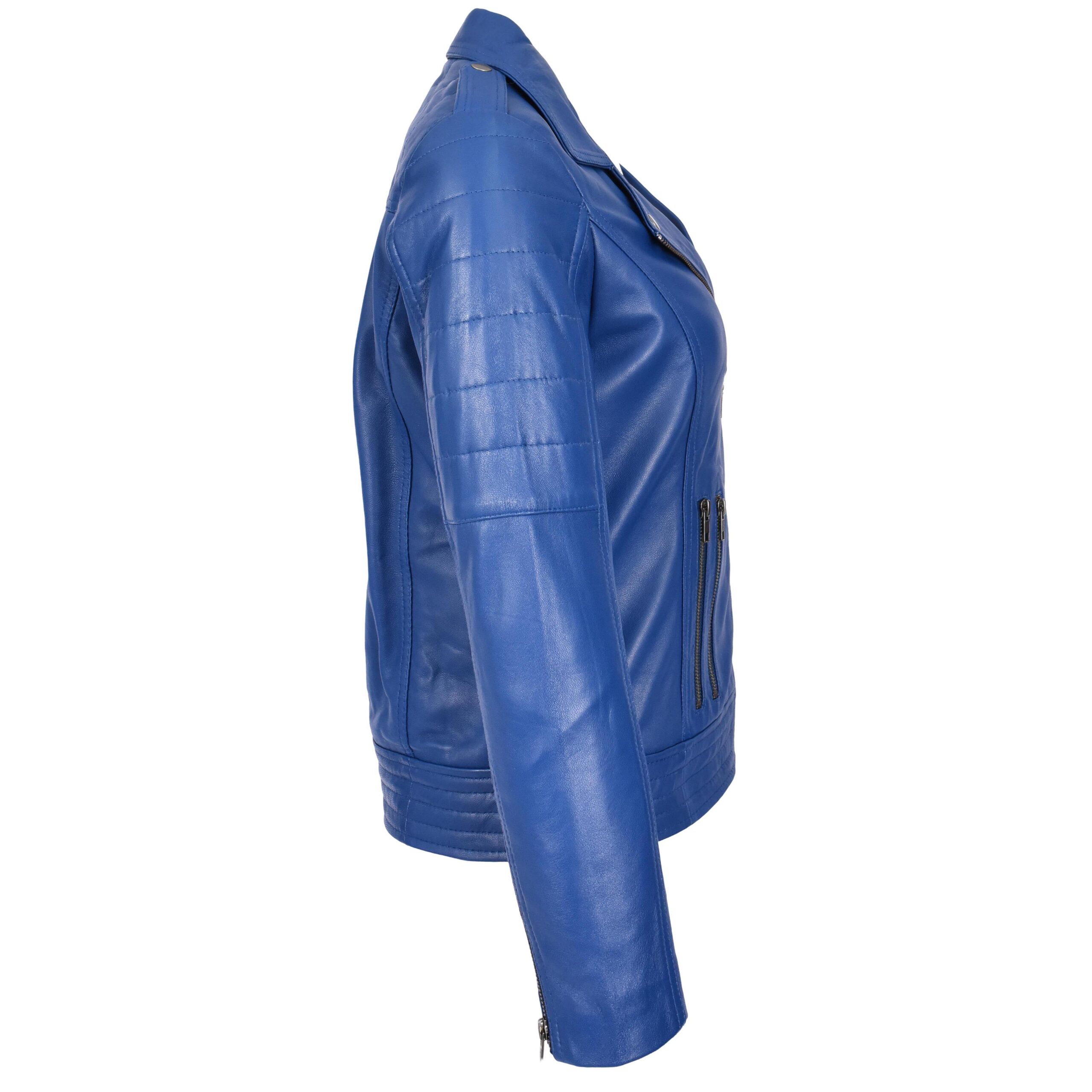 BUNERI Veste Biker en Cuir Véritable pour Femme Style Cross Zip Bleue – Image 6