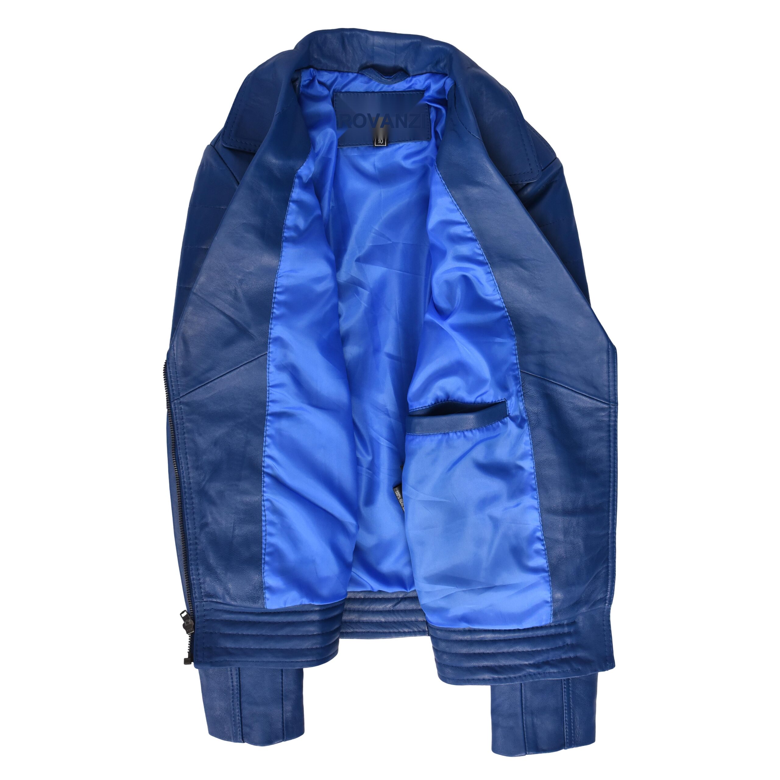 BUNERI Veste Biker en Cuir Véritable pour Femme Style Cross Zip Bleue – Image 7