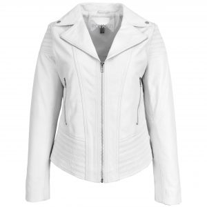 BUNERI Veste Biker en Vrai Cuir Tendance Cintre pour Femme Blanc