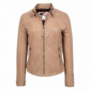 BUNERI Veste Femme Vrai Cuir Biker Classique Beige
