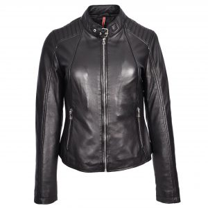 BUNERI Veste Femme Vrai Cuir Biker Classique Noire