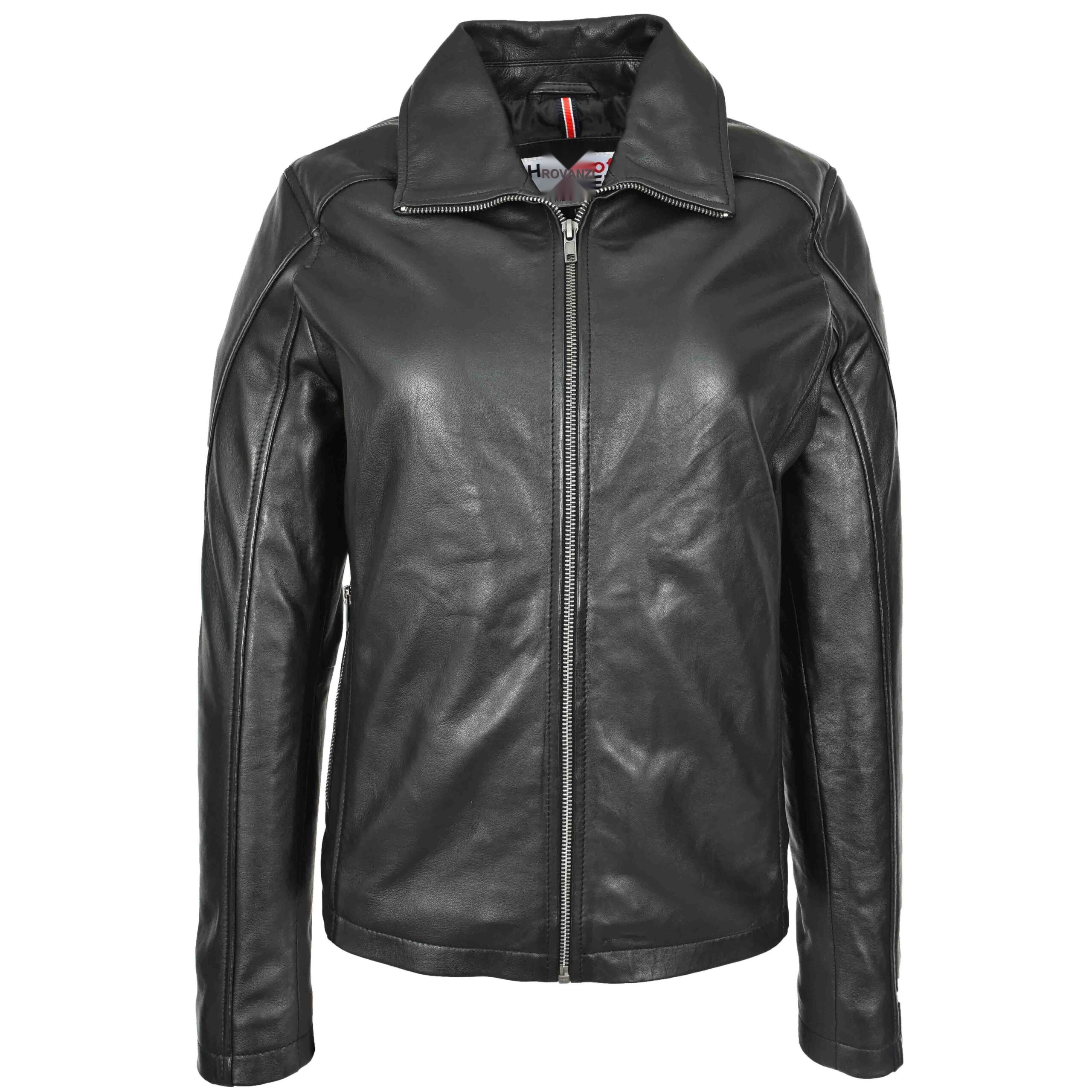 BUNERI Veste Femme Vraie Cuir Classique Style Zip Box Noire