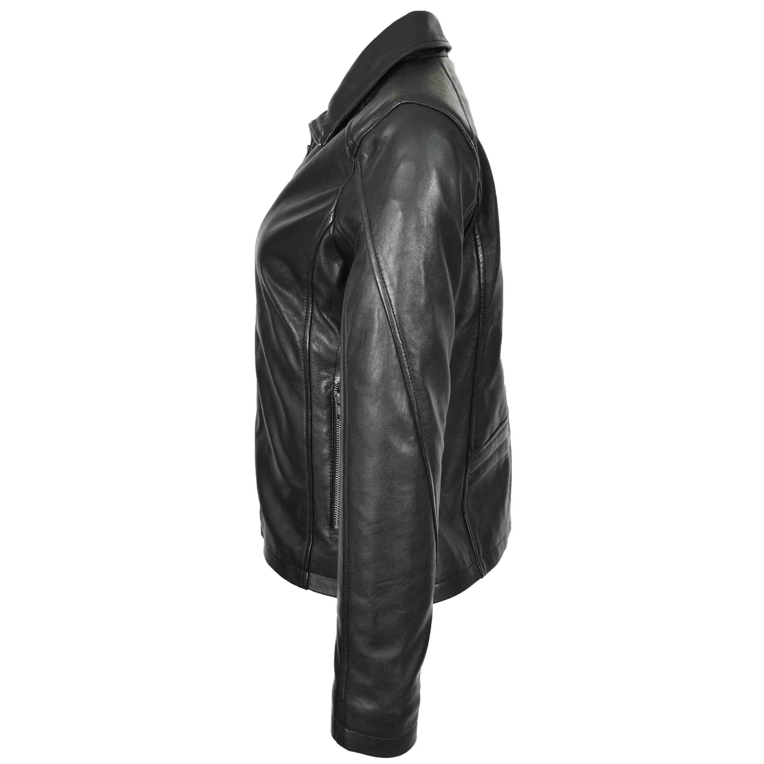 BUNERI Veste Femme Vraie Cuir Classique Style Zip Box Noire – Image 3