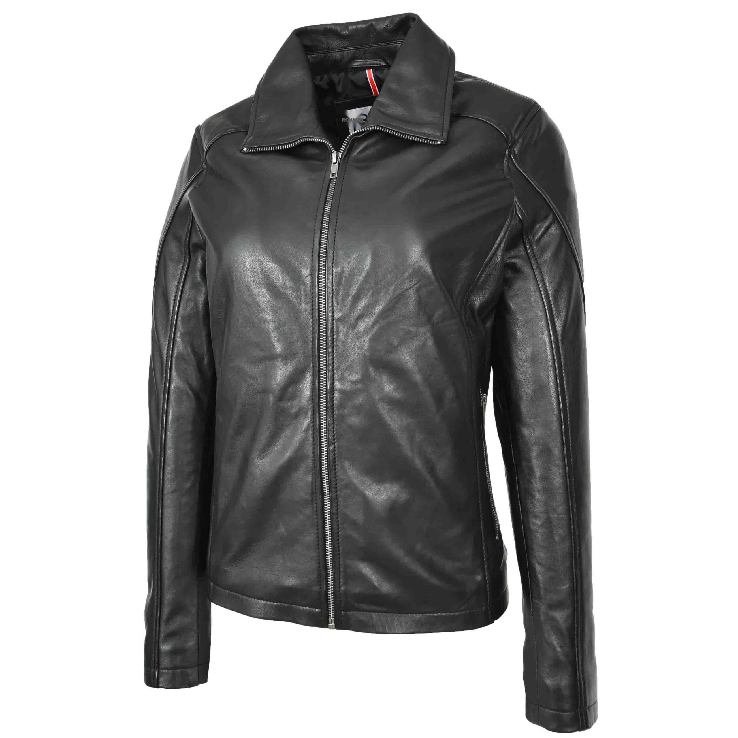 BUNERI Veste Femme Vraie Cuir Classique Style Zip Box Noire – Image 4