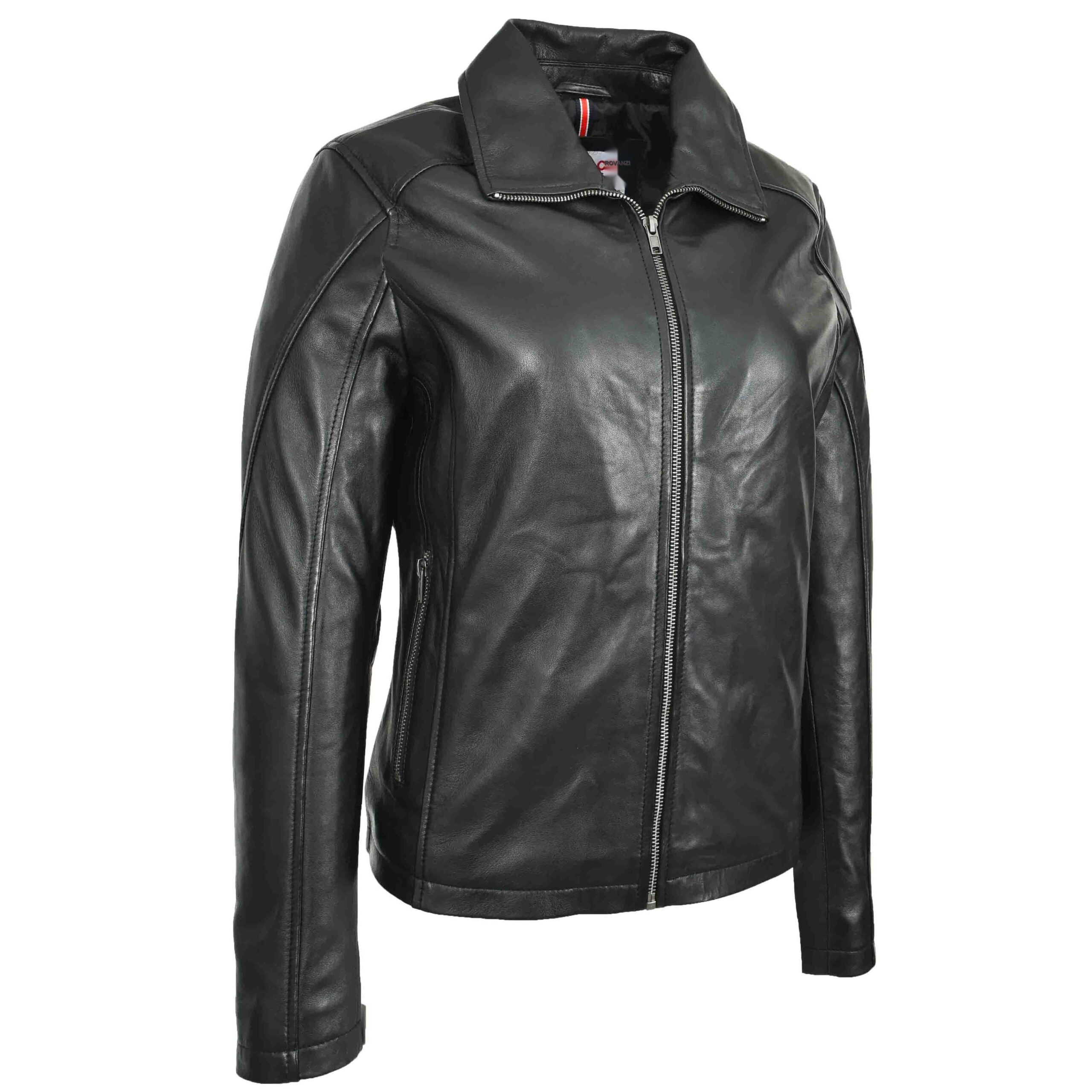 BUNERI Veste Femme Vraie Cuir Classique Style Zip Box Noire – Image 5