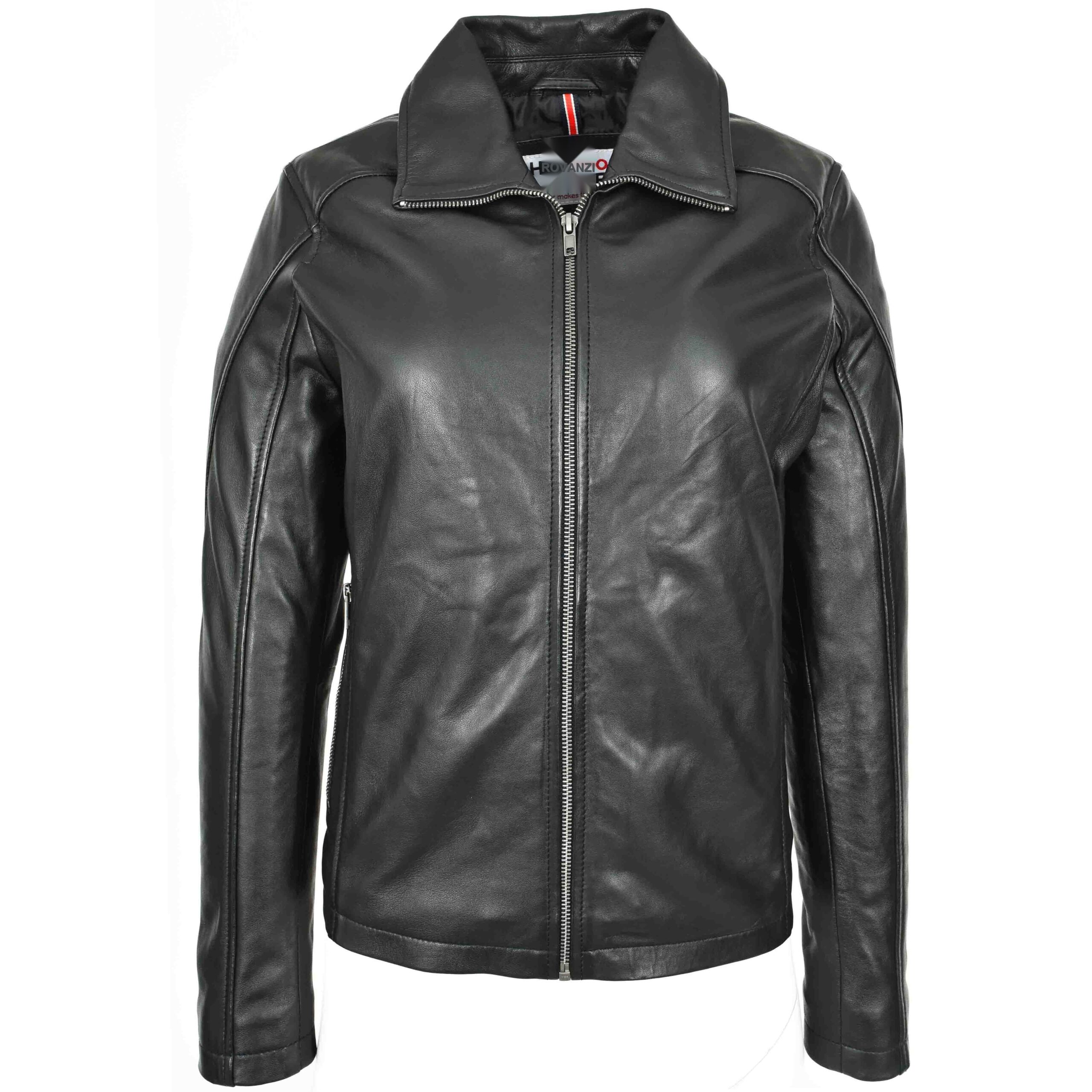 BUNERI Veste Femme Vraie Cuir Classique Style Zip Box Noire – Image 7
