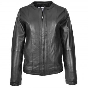 BUNERI Veste en Cuir sans Col pour Femme Slim Fit Noir