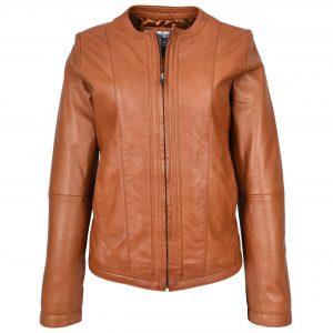 BUNERI Veste en Cuir Tan pour Femme Slim Fit sans Col