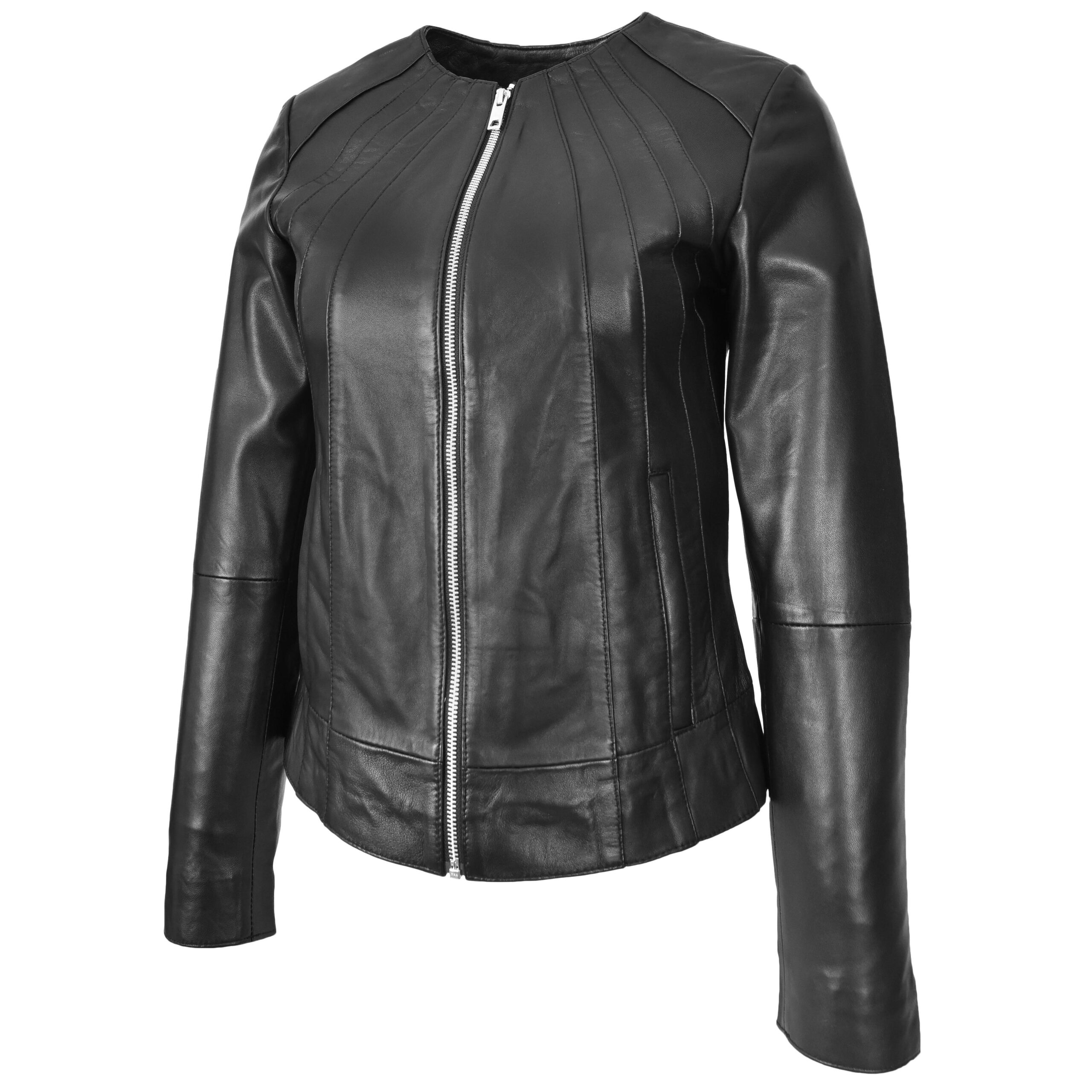 BUNERI Cuir Lottie Noire sans Col Style Classique – Image 5