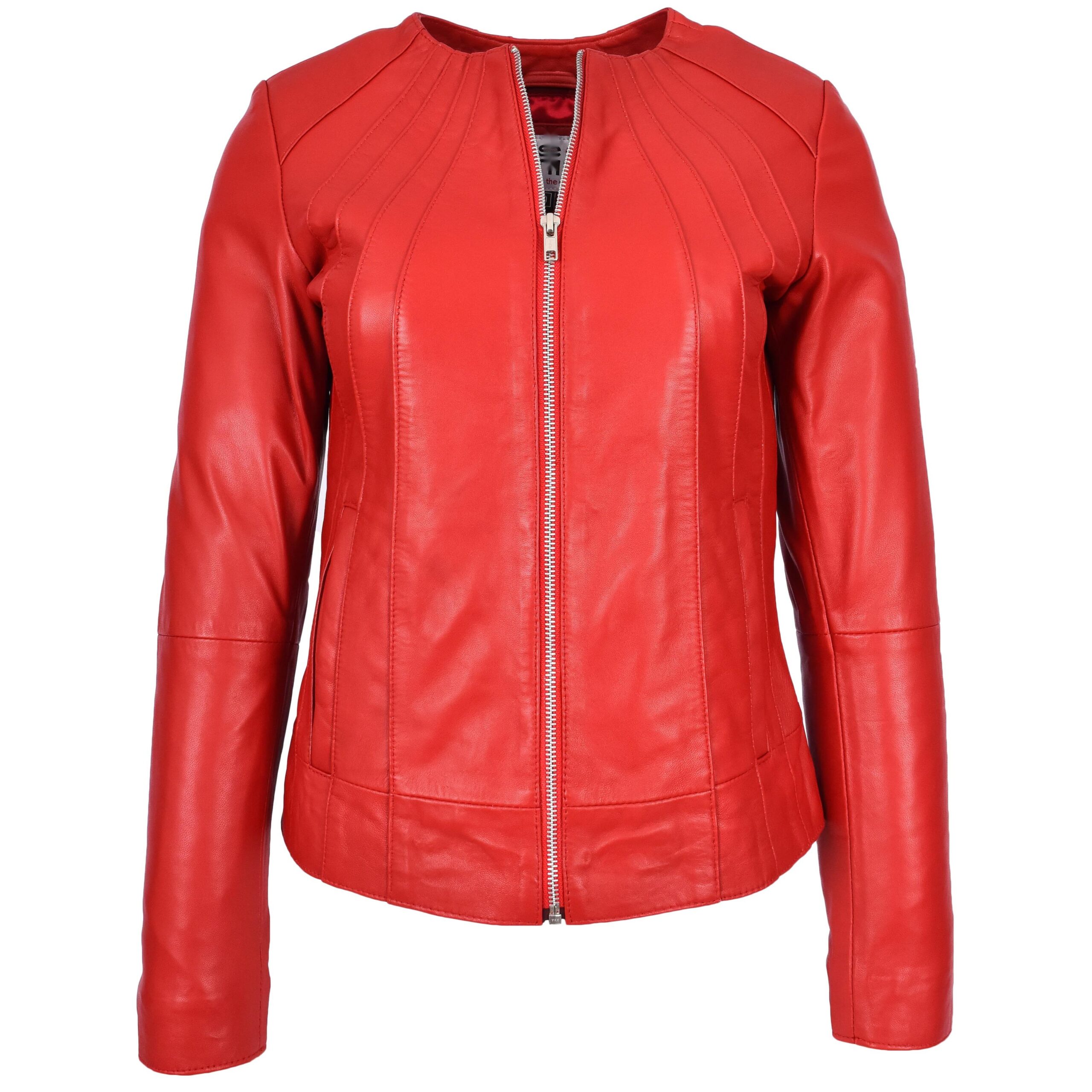 BUNERI Veste en Cuir Véritable Rouge Sans Col Classique pour Femme