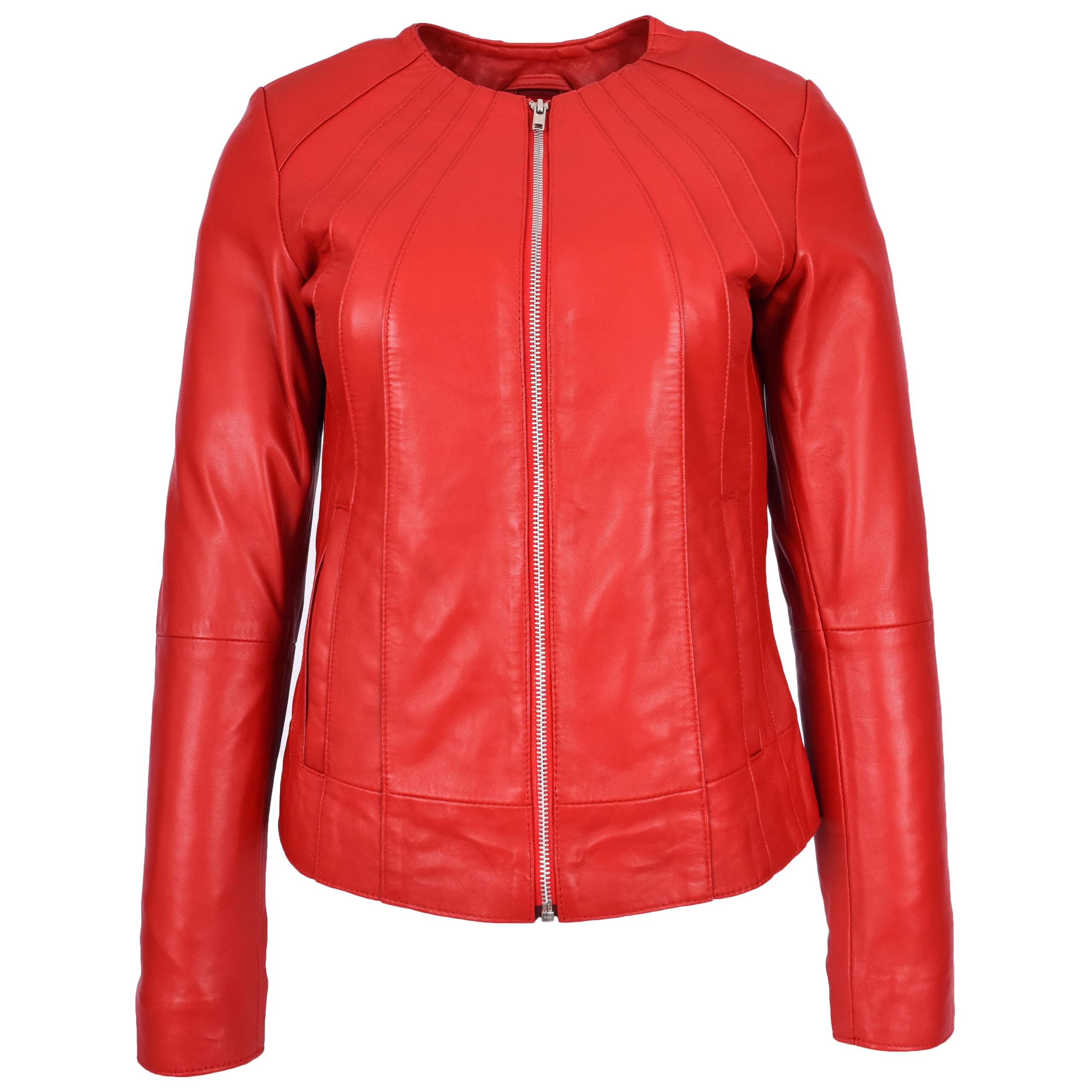 BUNERI Veste en Cuir Véritable Rouge Sans Col Classique pour Femme – Image 3