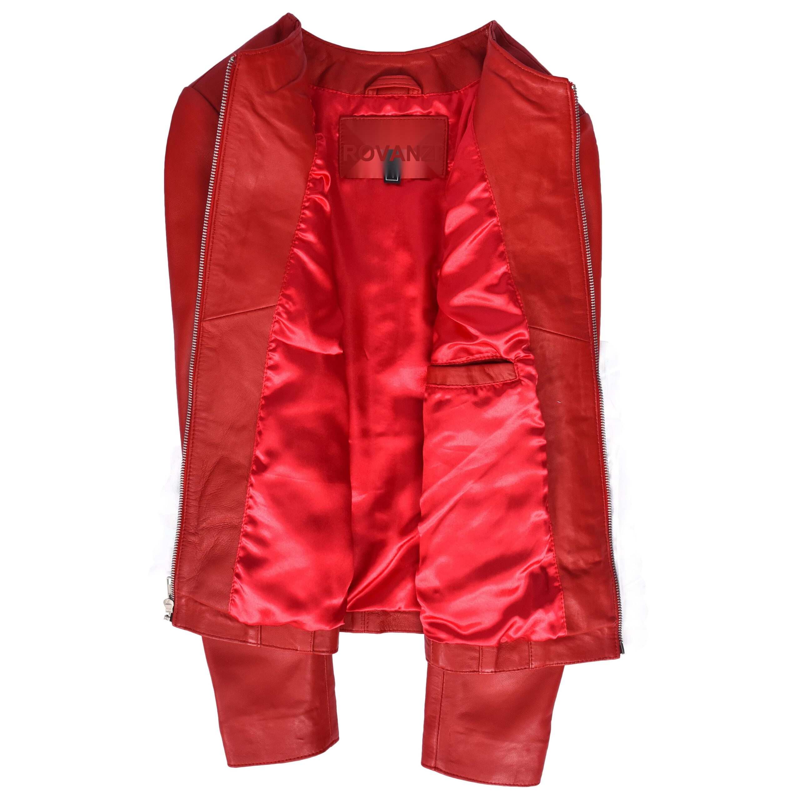 BUNERI Veste en Cuir Véritable Rouge Sans Col Classique pour Femme – Image 7